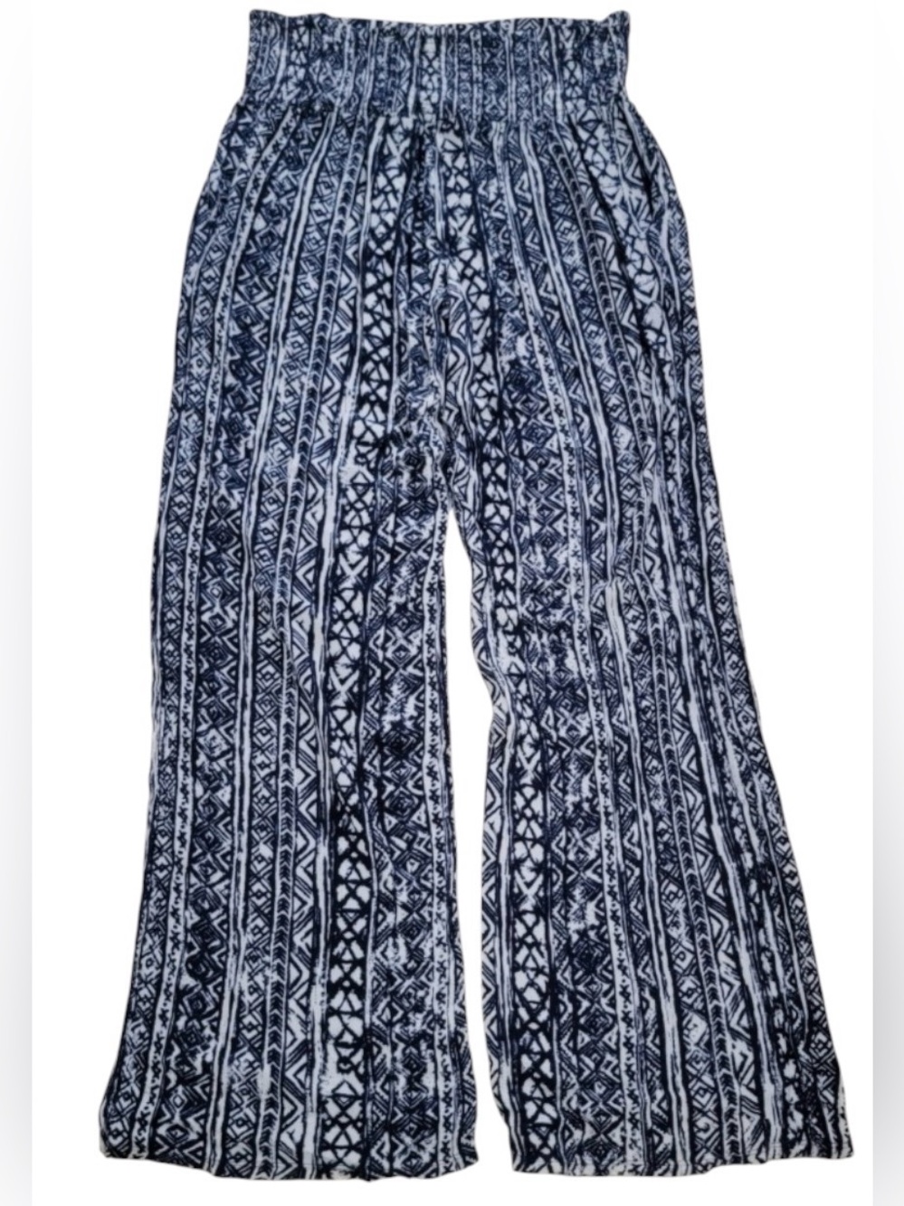 Three Dots Navy And White Boho Geometric Tribal Print Pull-On Wide-Leg Pants M